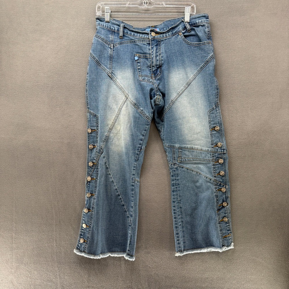 Apollo Jeans Womens 17/18 Blue Denim Capris Side Buttons Fray Hem Y2K Patchwork